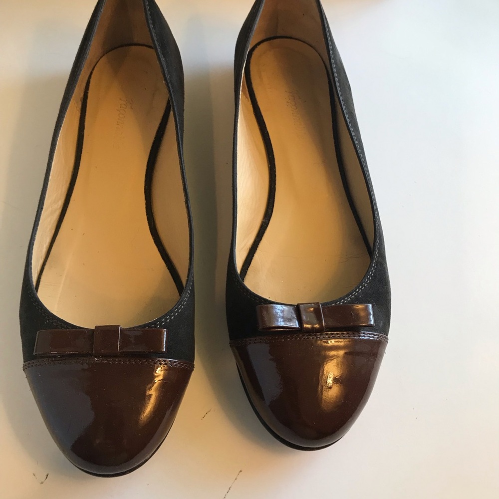 Faconnable Brown Suede Ballet Flats with Patent Leather Cap Toe and Bow Size 38